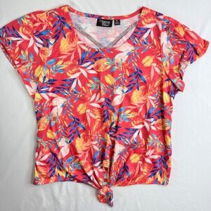Onque Casual Red Tropical Floral Rhinestone Tie Front Top Petite Large PL
